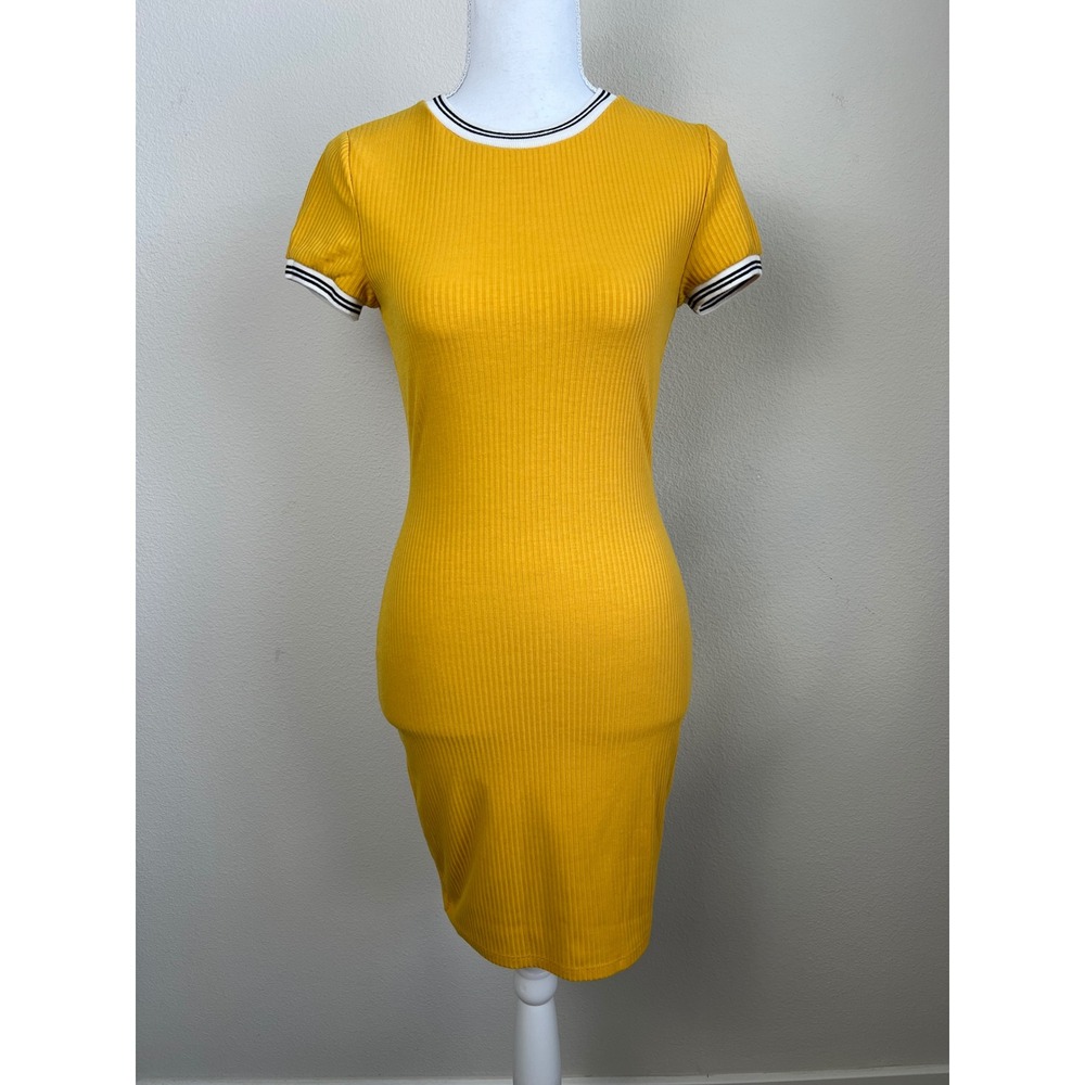 Charlotte Russe Yellow Ribbed Knit Bodycon Midi Dress XS Y2K Sporty Casual